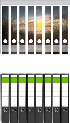 Produktbild von Wallario 8 Stück schmale Ordner inkl. Klebeetiketten mit Motive Sonnenuntergang am Strand -  Set mit Rückenschildern / Ordnerrücken Stickern