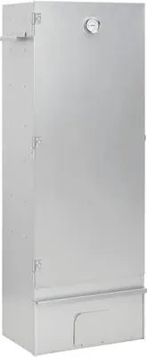 A tall, silver smoker oven is shown against a white background.