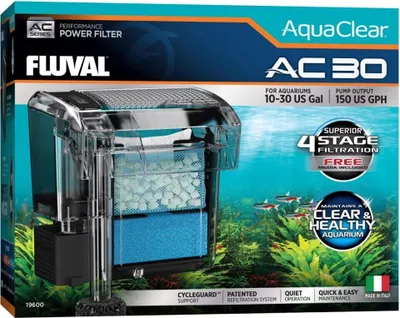 The image shows the packaging of a Fluval AquaClear AC30 power filter for aquariums.