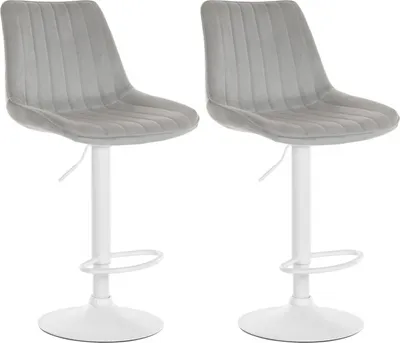 Two gray bar stools with white bases and stems are shown against a white background.