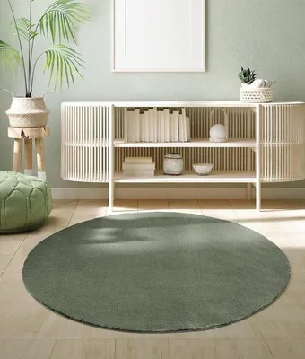 Obrázek produktu pro Unyqoos® Loft, kulatý koberec – sametový, jednobarevný, průměr 200 cm, tmavě zelený, 100% polyester, s nízkým vlasem, lze prát v pračce na 30°C, protiskluzový