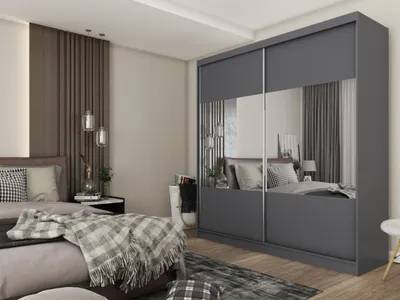 Produktbild von ALTDECOR Kleiderschrank mit Spiegel und Schiebetüren, kugelgelagerte Führungsschienen und Aluminium-Leisten, mit LED-Beleuchtung und Fernbedienung - CELI - 200 cm - Grau