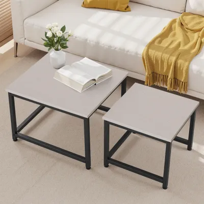 Produktbild von Hawthyhome 2er-Set quadratischer Couchtisch Couchtisch aus Holz mit Metallgestell moderner Beistelltisch für Wohnzimmer und Schlafzimmer, weiß