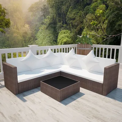 Image de The Living Store Ensemble de salon de jardin 4 pièces avec coussins Poly Rotin Marron
