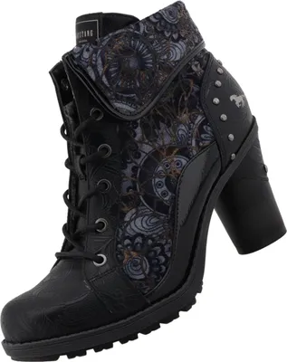 A single black boot with a patterned cuff and a high heel is shown against a white background.