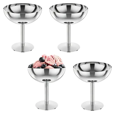 Eisbecher-Set, 4 Stück, Edelstahl 304, mit hohem Fuß, silber