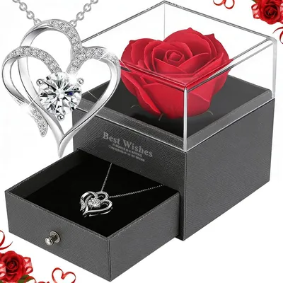 Produktbild von Ewige Rose Geschenkbox mit Herz Halskette, Konservierte Blumen, Romantisches Geschenk für Frauen