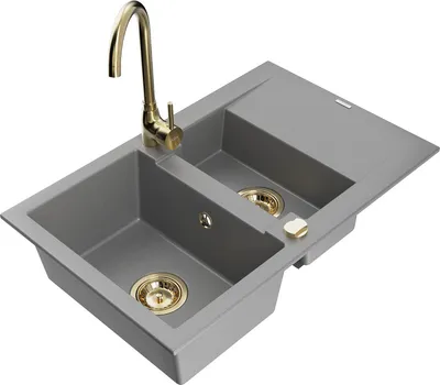 Produktbild von Mexen Gaspar 1,5-Becken-Granitspüle mit Abtropffläche und Mischbatterie Telma, Grau - 6507-71-670200-50