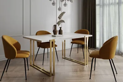 Produktbild von Ausziehbarer Rechteckiger Esstisch im Loft-Stil - Großer Industrietisch in Weißer Marmoroptik mit Goldenen Metallbeinen, 160 bis 260 cm - Konferenztisch für Wohnzimmer und Büro - Marmor Weiß