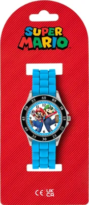 A Super Mario watch in its packaging, displayed against a red background.