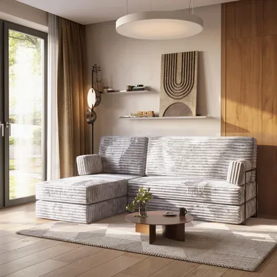 Produktbild von Masseno Ecksofa NOTIA mit Metallgestell, Modulares Schlafsofa aus Schaumstoff, Klappbares Bodensofa, Schlaffunktion - Hellgrau, TILIA 86