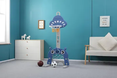 Produktbild von Sweety Toys 12749 Basketballkorb blau 3 in 1 Spielzeug - Ringe werfen, Fußballtor, Basketball