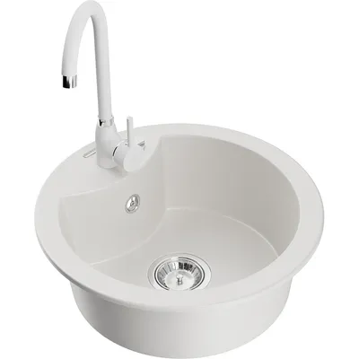Obrázek produktu pro Mexen Diego 1-miskový granitový dřez s kuchyňskou baterií Telma, Bílá - 6512-20-670200-20