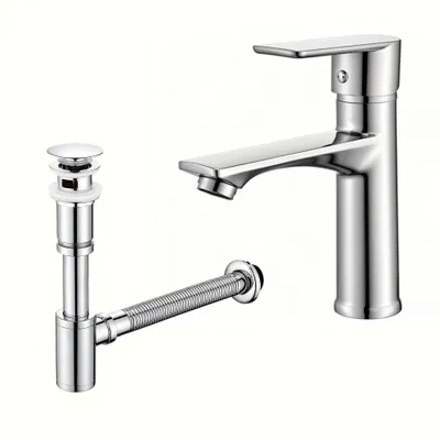Produktbild von Homelody Wasserhahn Bad Chrom Einhebelmischer mit Siphon Pop Up Ablaufgarnitur Überlauf Röhrensiphon, Amatur Bad Waschbecken Chrom mit Abfluss