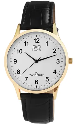 Produktbild von Q&Q Herrenuhr mit Kunstlederionsarmband, schwarz/goldfarben, 3 bar