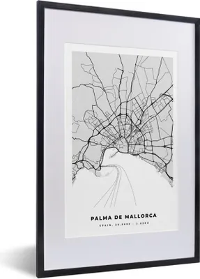Produktbild von MuchoWow® Gerahmtes Poster Mallorca - Stadtplan - Schwarz und weiß - Karte 40x60 cm - Poster mit Schwarzem Bilderrahmen Wandposter Rahmen Foto Bilder - Poster in Rahmen