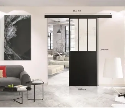 Image de Kit Porte Coulissante Atelier, 204x83x4 cm, Noir Verre Transparent, Rail et Bandeau Inclus, OPTIMUM