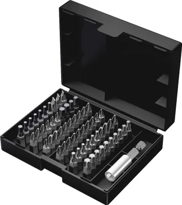 A black case containing a set of silver screwdriver bits.
