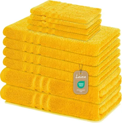Produktbild von Lavea® Elena 10-teiliges Handtuch Set - 100% Baumwolle, 4x Handtuch + 2x Duschtuch + 2x Gästetuch + 2x Waschhandschuh, Bad & Gäste, Rapsgelb