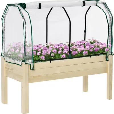 Produktbild von Hochbeet mit PE-Abdeckung, Tannenholz 121x55x117 cm, Natur, inkl. Vlieseinlage und 4 Drainagelöchern, aufrollbare PE-Abdeckung mit Reißverschluss, stabiler Stahlrahmen