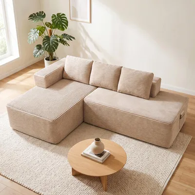 Produktbild von COMHOMA Ecksofa mit Schlaffunktion, 228cm Corduroy Modulares Boneless Couch mit Chaiselongue & Rücken-Metallgestell, L-Form Schlafsofa mit offenem