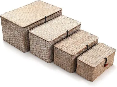 Produktbild von Famanu Rattan Aufbewahrungskörbe mit Deckel Set - 4 natürliche Seegras Körbe für Ordnung und Dekoration