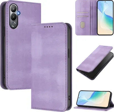 Produktbild von Handyhülle für Tecno Pova 4, Vintage Leder RFID Schutz Kartenfach Standfunktion Magnetische Klapphülle Violett