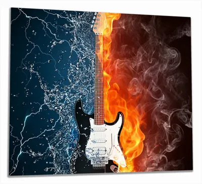 Produktbild von Wallario Herdabdeckplatte aus Glas, Größe 60 x 52 cm 2-teilig, Motiv Feuer-Wasser-Gitarre