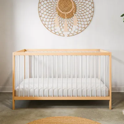 Produktbild von Babybett Kinderbett Gitterbett 60x120 & 70x140 cm höhenverstellbarer Lattenrost & herausnehmbare Sprossen stabiles Buchenholz | ab Geburt bis zum 3. Lebensjahr EU | Natur/weiß