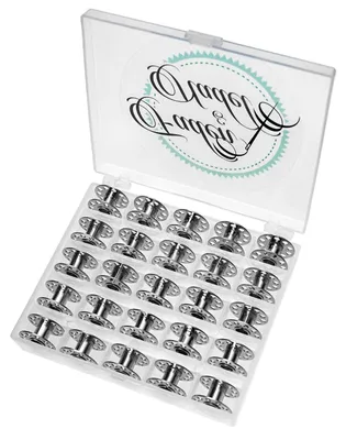 25 leere Metallspulen für Nähmaschinen in transparenter Box