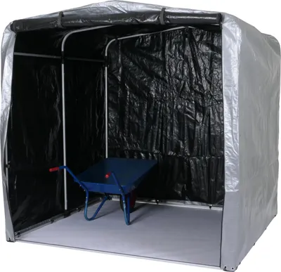 A silver outdoor storage shed with a blue wheelbarrow inside.