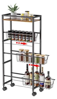 Obrázek produktu pro Úzký vozík – úložný regál se 4 policemi – 3 výsuvné koše – železo – do kuchyně – černý