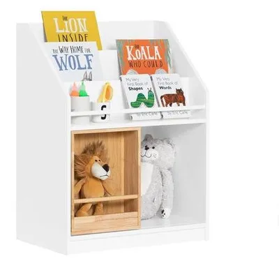 Produktbild von Kinderboekenkast mit Schubladen und Spielzeugablage in Weiß und Naturholzfarbe