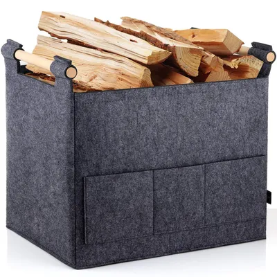 Obrázok produktu pre Košík na drevo do krbu, objem 40 litrov, sivý, so prednou kapsou a dvoma rúčkami, skladací, rozmer 44x33x33 cm