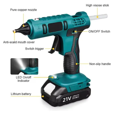 Produktbild von Elektrische Heißklebepistole - 100 W - Kabellos - Für 18-V-Akku - Mit 2 Akkus - Für 11-mm-Klebesticks - Für DIY und Reparaturen