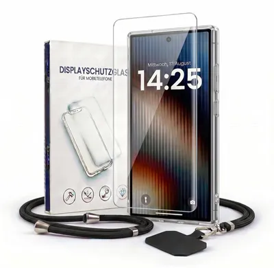 Produktbild von Handyhülle für Samsung Galaxy S25 Ultra mit Handykette und 9H Displayglas Displayschutz Band in Schwarz Kordel Hülle Case Schutzhülle Transparent