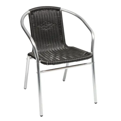 A black rattan chair with a silver metal frame, shown against a white background.