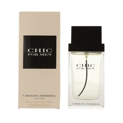 A bottle of Carolina Herrera Chic For Men eau de toilette and its packaging are displayed against a white background.