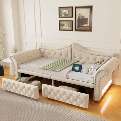 Immagine prodotto di Divano letto 90x200 cm con 2 cassetti, porta USB e illuminazione laterale, divano letto imbottito con rivestimento in velluto e dettagli decorativi, color beige/grigio
