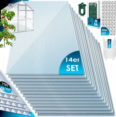 Produktbild von KESSER® 14x Polycarbonat Hohlkammerstegplatten 4mm | 10,25 / 14,7 m² Doppelstegplatte | 50x Klammern + 50x Z-Clips | 30x Gewächshausclips | UV-beständig Für Gewächshaus Gartenbau Carports