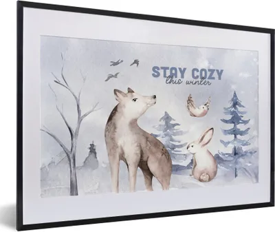Produktbild von MuchoWow® Gerahmtes Poster Winter - Wolf - Vogel - Kaninchen 60x40 cm - Poster mit Schwarzem Bilderrahmen Wandposter Rahmen Foto Bilder - Schlafzimmer - Plakat in Rahmen - Drucken