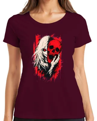 Produktbild von Horror Anime Girl Roter Totenkopf Skull Gothic Grunge Japan Manga Damen T-Shirt, Burgundy, 3XL