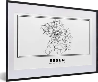 Produktbild von MuchoWow® Gerahmtes Poster Schwarz und weiß - Deutschland - Karte - Stadtplan - Essen 60x40 cm - Poster mit Schwarzem Bilderrahmen Wandposter Rahmen Foto Bilder - Schlafzimmer - Plakat in Rahmen - Drucken