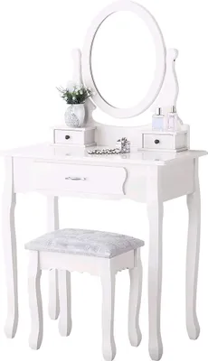 Immagine prodotto di Tavolino da toilette Julia con specchio girevole a 360° e sgabello e 3 cassetti, stile rustico, legno MDF, cassettiera da toilette, 75x40x136cm, bianco