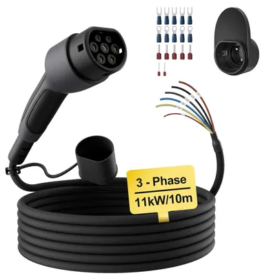 Produktbild von Elektroauto-Ladekabel - Typ 2 Ersatzkabel - 11 kW - 16 A - 3-phasig - Offenes Kabelende - 10 m