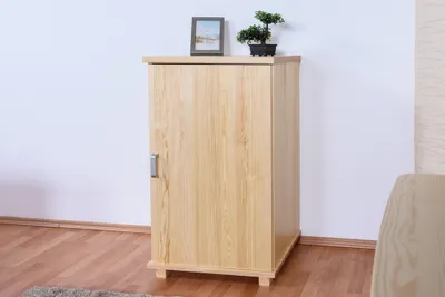 A light wood cabinet with a single door, decorated with a framed picture and a small potted plant on top, stands against a white wall.