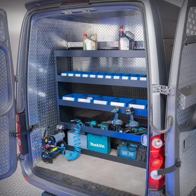 Produktbild von Fahrzeugeinrichtung – 158 x 39 x 145 cm – Einbauschrank + 4 Fachböden & 19 Boxen