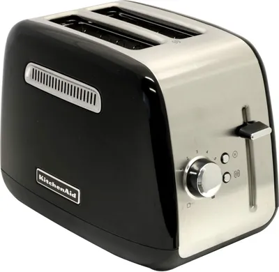 A black and silver two-slice toaster is shown from a slight diagonal front angle against a white background.