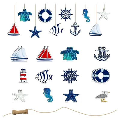 Produktbild von 24 Stück Maritime Deko - Fischernetz Deko - Maritime Deko mit Seesternen, Anker, Leuchtturm, Fisch und Kokosnusspalme für Mini-Fischnetzwanddekoration