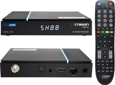 A product shot of a satellite receiver and its remote control, displayed against a white background.
